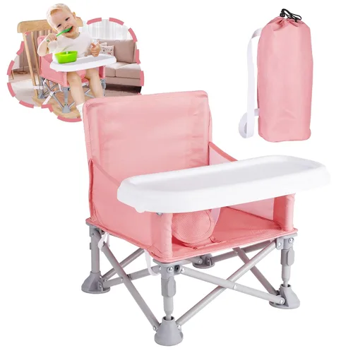 Vista 12 de Silla de bebé portátil, asiento elevador plegable con bandeja para mesa de comedor, silla de camping compacta para césped, playa, viajes, bebés de 6