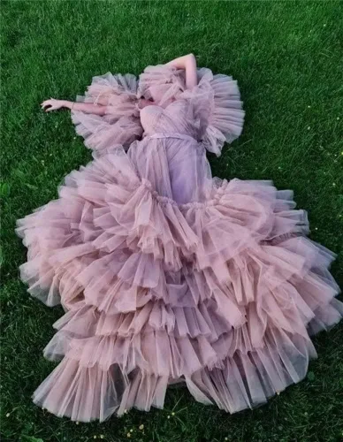 Vista 8 de Vestidos de maternidad de tul hinchado con volantes para sesión de fotos, hombros descubiertos, lencería nupcial, baby shower, bata de embarazo