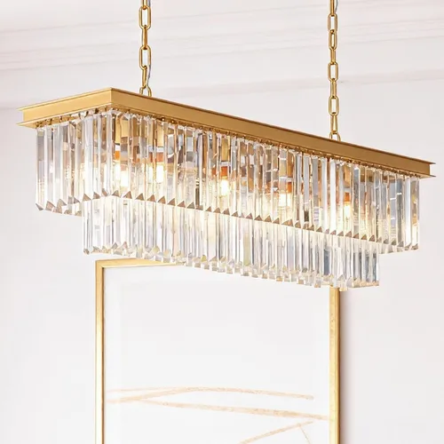Vista 15 de Lámpara de Araña Moderna de Cristal K9, Luminaria Colgante de Techo Rectangular con 8 Luces para Comedor y Cocina, Acabado en Cromo, L33.5 Pulgadas