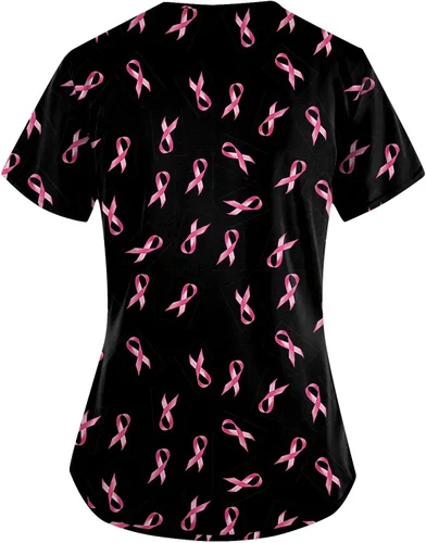 Vista 3 de Womens Srcub Tops Breast Cancer Awareness Plus Size Short Sleeve V-Neck Working Nurese Uniform with Pocket S-5XL