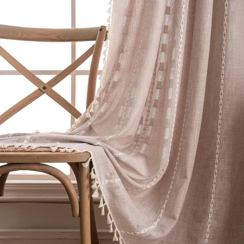 Vista 2 de Deeprove Cortina Boho de 96 pulgadas de largo para sala de estar, dormitorio, guardería, lino café semi-transparente transpirable de 96 pulgadas
