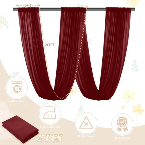 Vista 4 de FUHSY Cortinas de techo para arco de boda, tela drapeada, tela de gasa, cortinas de gasa burdeos para telón de fondo, 5 x 20 pies, 2 paneles