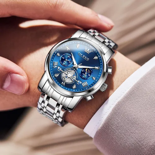 Vista 2 de OLEVS Reloj cronógrafo de acero inoxidable para hombre, reloj de cuarzo analógico de muñeca grande, resistente al agua, con números romanos