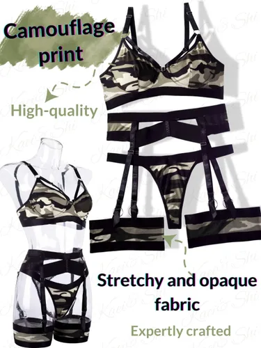 Vista 4 de Lenceria con liguero para mujer, conjunto de encaje traslúcido y sexy de 4piezas