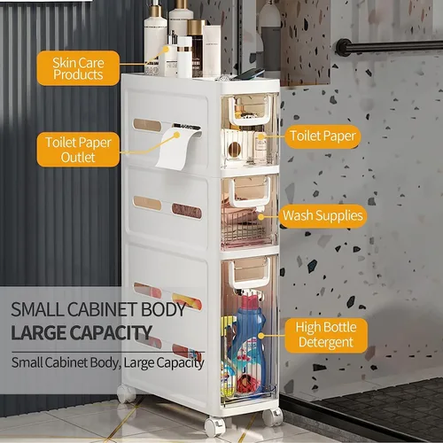 Vista 4 de Organizador de papel higiénico para gabinete de baño, gabinete de almacenamiento de papel higiénico delgado con cajones transparentes, unidad