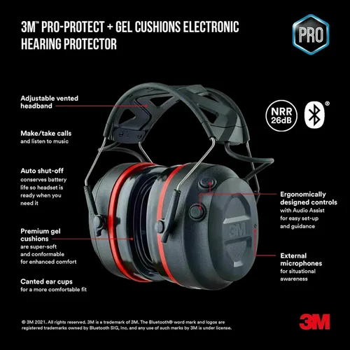 Vista 3 de 3M Pro-Protect + Cojines de Gel - Protector auditivo electrónico, clasificación de reducción de ruido (NRR) de 26 dB, orejeras Bluetooth, altavoces