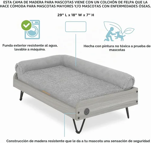 Vista 4 de Cama de madera para perros con colchón resistente al agua, cama elevada para mascotas pequeña a mediana con colchón relajante, certificado