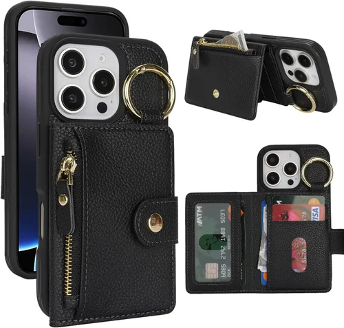 Vista 19 de Funda para iPhone 14 Plus con tarjetero, color negro Funda con cremallera y ranura para mujer y hombre