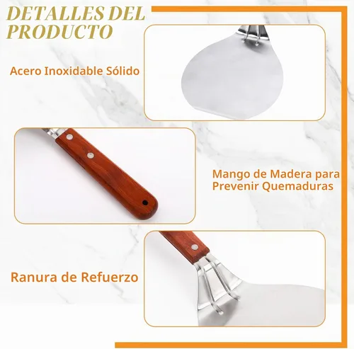 Vista 3 de IUAQDP Espátula de pizza de acero inoxidable, pala de cáscara, elevador de pasteles, mango de madera, soporte para placa de hornear, pizza casera