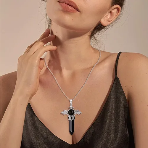 Vista 6 de Collar de cristal curativo para mujer, collar con dije de alas de ángel, piedras natales, piedras preciosas para mujeres y hombres, colgante de cruz