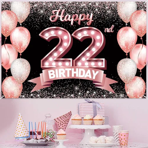 Vista 183 de Cartel de feliz cumpleaños décimo oro rosa, telón de fondo, saludos a 10 años, globos de confeti, decoración temática para niñas de 10 años