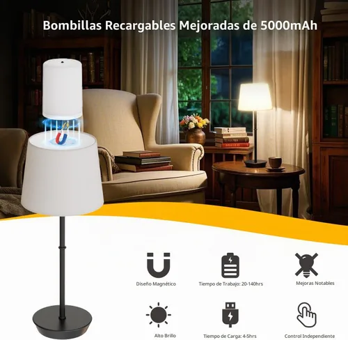 Vista 3 de lámpara de mesa recargable, lámpara de escritorio inalámbrica con batería de 5000mAh, bombillas RGB magnéticas regulables y control remoto, lámpara
