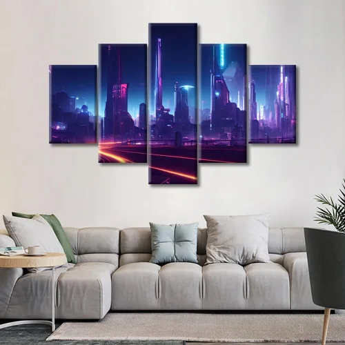 Vista 209 de Cuadros de 5 paneles de Cyberpunk City, arte de pared, representación de vallas publicitarias, edificios modernos en la capital con obras de arte