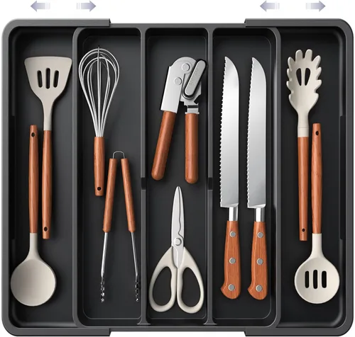 Vista 21 de Aujen Organizador de cubiertos – Organizador de cajones de cocina expandible, organizador de utensilios ajustable, bandeja de cubiertos