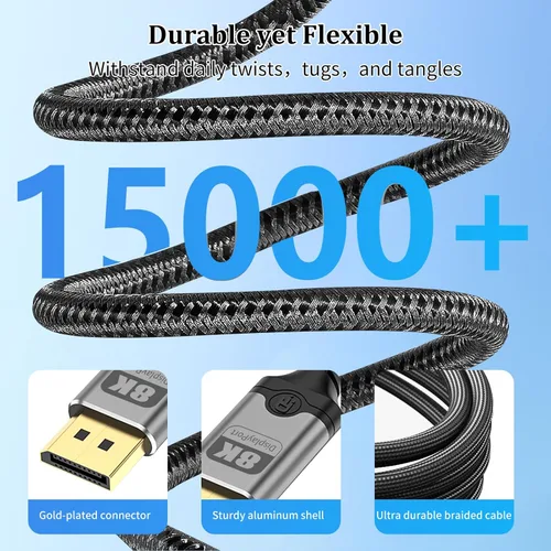 Vista 3 de MaxRenard Cable DisplayPort 8K 1.4, cable DP a DP de 6.6 pies, 8K a 60 Hz 4K a 144 Hz, puerto de pantalla a puerto de visualización de transferencia