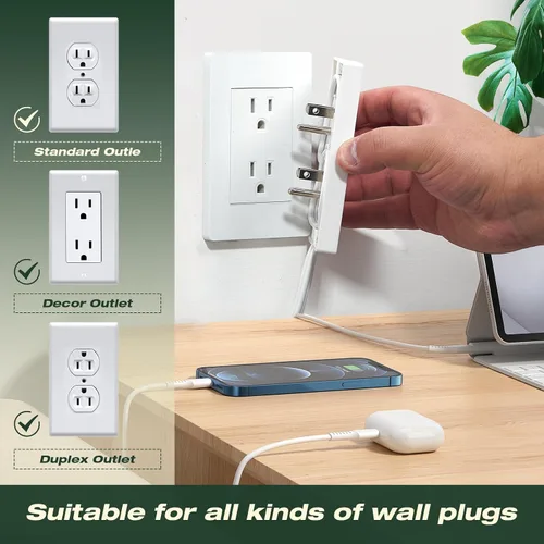 Vista 4 de Saker Cable de extensión doble de 5 pies plano con 6 tomas, 1625W Cable de extensión con cubierta de toma, enchufe plano, a prueba de bebés
