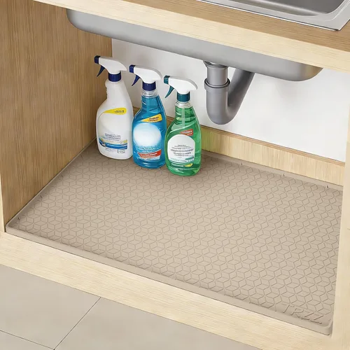 Vista 13 de TRZZ Tapete de silicona impermeable para debajo del fregadero de 34 x 22 pulgadas, bandeja de goteo y forro de gabinete para cocina y baño, evita