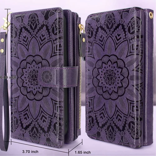 Vista 2 de Harryshell Funda de cuero desmontable con cremallera magnética con bolsillo para monedas, 12 ranuras para tarjetas, correa de muñeca para Samsung