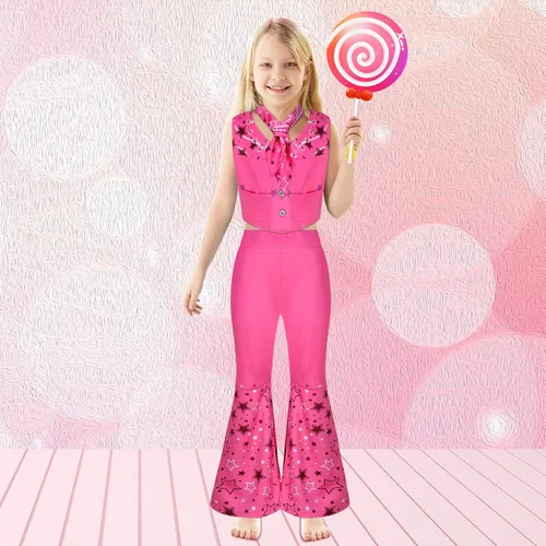 Vista 5 de Girls Cowgirl Costume 70s 80s Disco Western Cowgirl Outfits Set Halloween Cosplay Party Costume with Hair Band