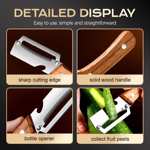 Vista 4 de Cuchillo pelador de frutas grueso multifuncional de acero inoxidable para cocina, hoja ultraafilada con mango de madera y abridor de botellas