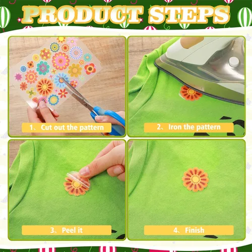 Vista 2 de Containlol 12 hojas de parches hippie para planchar, calcomanías de transferencia de calor para ropa, primavera, paz, amor, corazón, flor, apliques