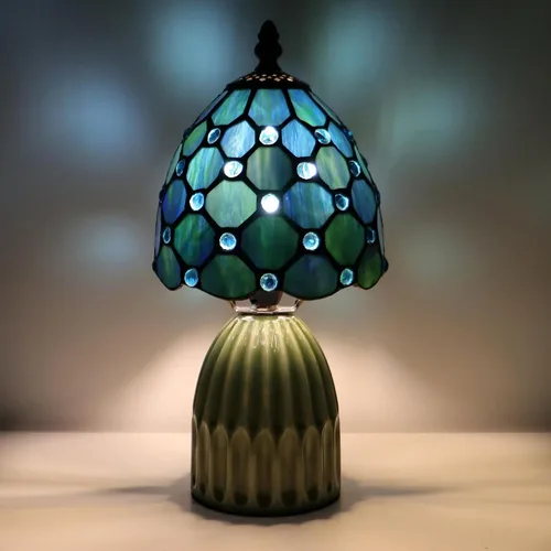 Vista 8 de Tiffany Stained Glass Mushroom Table Lamp 12.5 Inch -Sea Blue Pearl