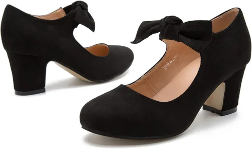Vista 4 de Zapatos de tacón grueso de bloque bajo con lazo Mary Jane para mujer, punta redonda, tacón bajo, correa en el tobillo, vestido de boda, fiesta