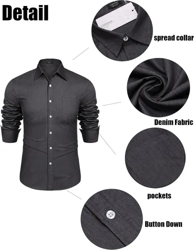 Vista 5 de COOFANDY Camisa vaquera de manga larga con botones para hombre, camisa de trabajo occidental