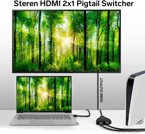 Vista 5 de Steren Conmutador HDMI de 2 puertos (2 en 1 salida) Selector HDMI Plug-and-Play - Divisor de interruptor HDMI 2.0 de 4K a 60Hz con cable HDMI largo
