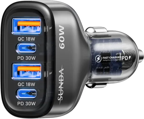 Vista 8 de SUNDA Cargador de Coche USB C Rápido de 60 W, Adaptador de Carga de Coche de 4 Puertos, Dual Tipo C PD30W/PPS30W Compatible con iPhone 17/16