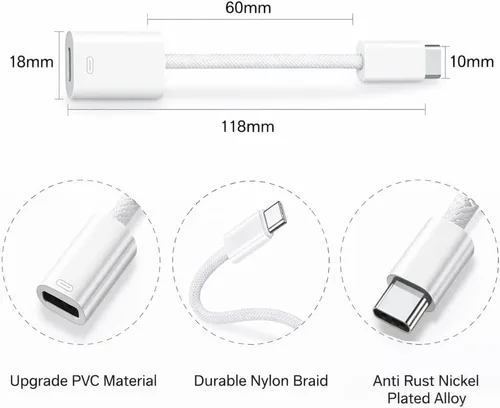 Vista 7 de Adaptador de audio de auriculares USB-C a iPhone, iPad, convertidor de auriculares 3 en 1, carga + transferencia de datos + audio de alta fidelidad