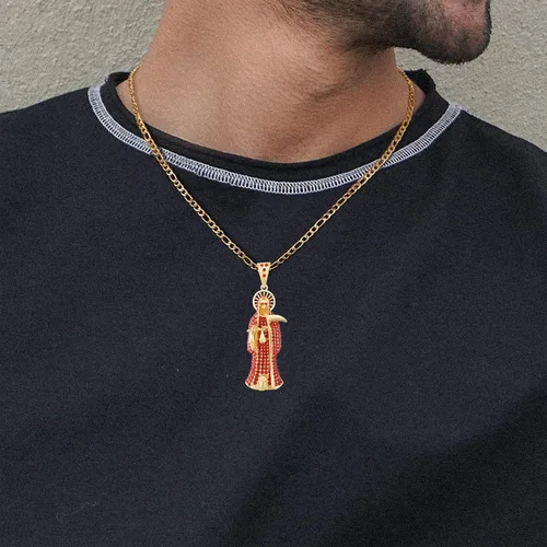 Vista 6 de Collar de Santa Muerte con diamante chapado en oro de 14 quilates con colgante de Santa Muerte con hoz regalo de vacaciones, Cobre + acero