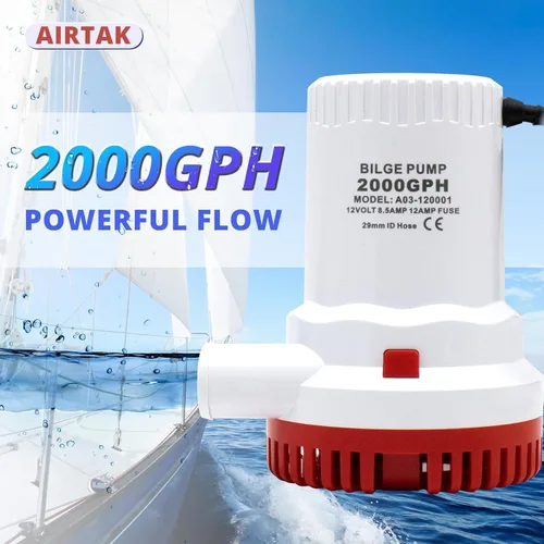 Vista 2 de Kit de bomba de sentina no automática de 12 V 2000 GPH con interruptor de flotador, combo de bomba de agua sumergible para barcos, 8.5 A resistente