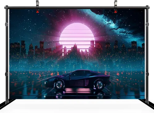 Vista 3 de Telón de fondo de auto Cyberpunk de 5 x 3 pies, diseño retro futurista de Ciudad Cibernética Cibernética Rascacielos Luna Roja Punk, Fondo de coche
