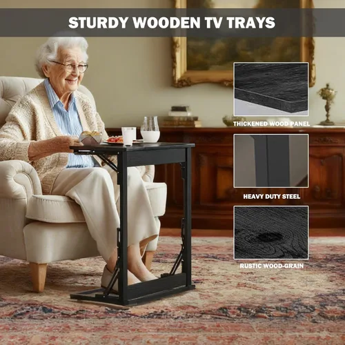 Vista 6 de Mesa plegable para TV, mesa de cena de TV, bandejas de TV de altura ajustable para comer en el sofá, mesa auxiliar en forma de C con ranuras