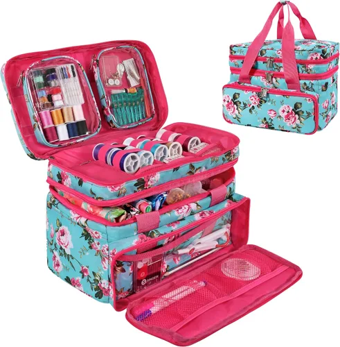 Vista 10 de Organizador de Accesorios de Costura SINGER (Solo Bolsa) – Bolsa de Almacenamiento de Costura Portátil de Doble Capa 2 Fundas Desmontables y 18