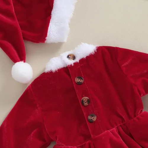 Vista 5 de Mameluco de Navidad para bebé recién nacida, vestido de terciopelo rojo, 2 piezas, ropa de Navidad para bebé