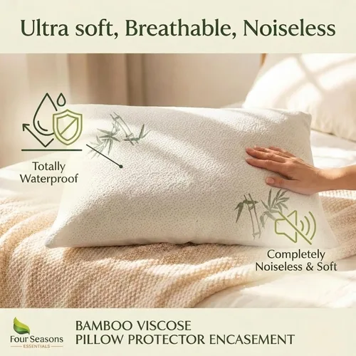 Vista 5 de Four Seasons Essentials Protectores de almohada impermeables de tamaño estándar (juego de 2) – Viscosa natural derivada de bambú – Fundas