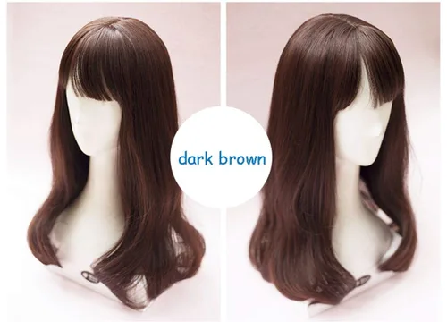 Vista 2 de LXUE Elegante cabello largo ondulado con flequillo con clip en piezas de cabello ondulado para mujer, 22 pulgadas, marrón oscuro