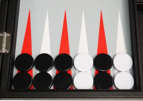 Vista 6 de Juego de Backgammon Premium de 16 pulgadas, tamaño mediano, tablero negro, puntos blancos y rojos escarlata