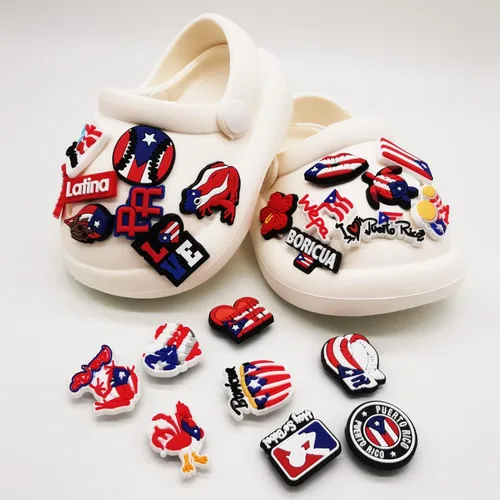 Vista 3 de 25 dijes de Puerto Rico para zapatos, sandalias de burbujas, zuecos, zapatos boricua puertorriqueños para mujeres, hombres, adultos y niñas, rojo