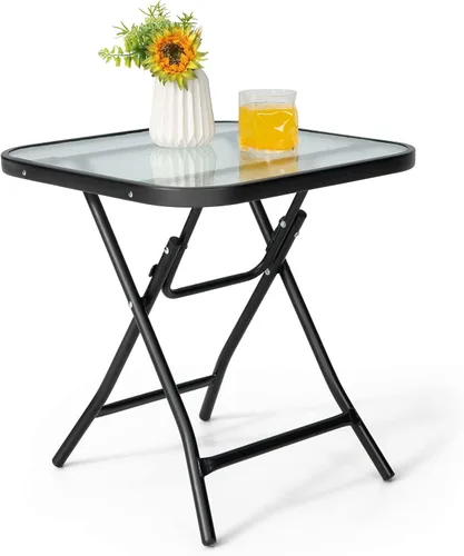 Vista 10 de GIANTEX Mesa auxiliar redonda plegable, mesa de patio con mesa de vidrio Semitransparente + Negro