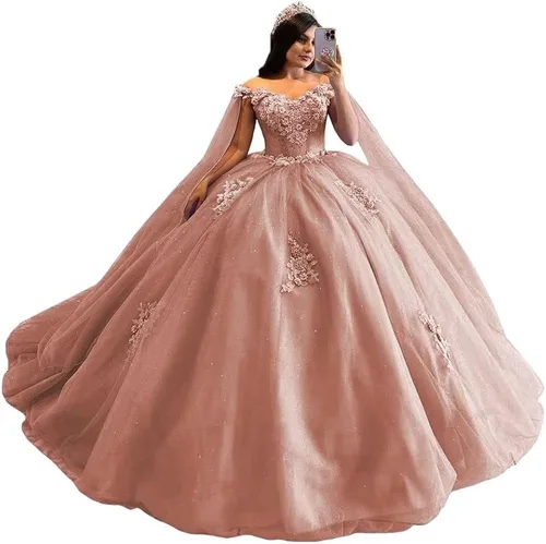 Vista 6 de XYAYE Vestido de quinceañera con hombros descubiertos y flores 3D para mujer, vestido de baile con capa de encaje con cuentas hinchadas, vestido