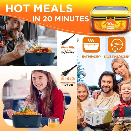 Vista 2 de Aotto Lonchera eléctrica portátil: fiambrera eléctrica con calentador de alimentos de 90W para adultos, 2L de acero inoxidable, calentamiento