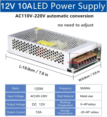 Vista 2 de Fuente de alimentación de 10 A, 120 W, 12 V CC, convertidor universal regulado conmutado de CA de 110 V/220 V a CC, (SMPS) adaptador de controlador
