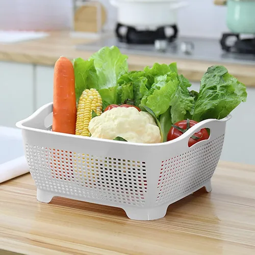 Vista 5 de Cesta de drenaje de doble capa, cesta de plástico para lavar frutas, verduras, cesta de almacenamiento de alimentos, fregadero apilable de verduras