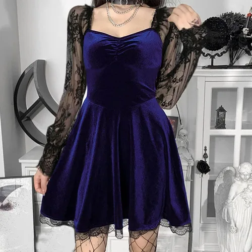 Vista 3 de Vestido gótico de Lolita punk para mujer, de terciopelo, manga larga, estilo grunge, vintage, drapeado, entallado, cóctel, club, fiesta, punk