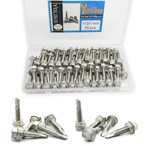 Vista 9 de Tornillos autoperforantes de cabeza hexagonal de arandela #14 x4 (1" a 4-7/8" disponibles), acero inoxidable 410, tornillos Tek de chapa