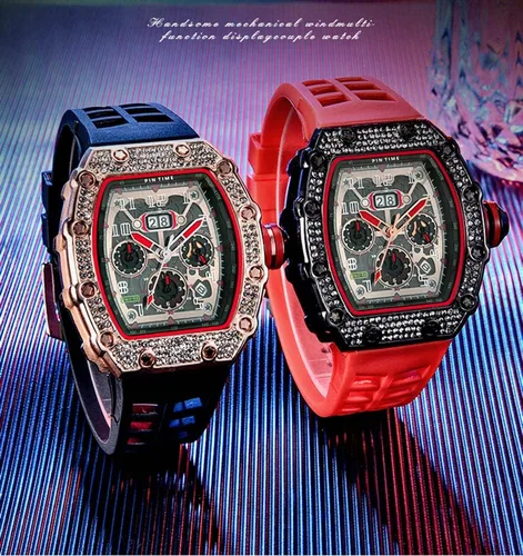 Vista 7 de Tonneau - Relojes de vestir punk, únicos, para hombre, impermeables, analógicos, deportes, trabajo, hombre, reloj de pulsera luminosa de silicona, L