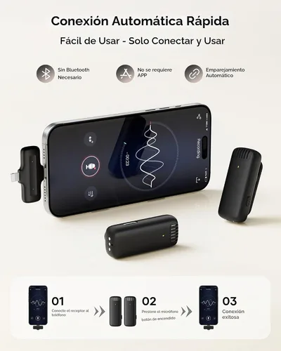 Vista 2 de Micrófono Lavalier inalámbrico para iPhone, iPad y Android con funda de carga, micrófono de solapa con reducción de ruido, duración de la batería